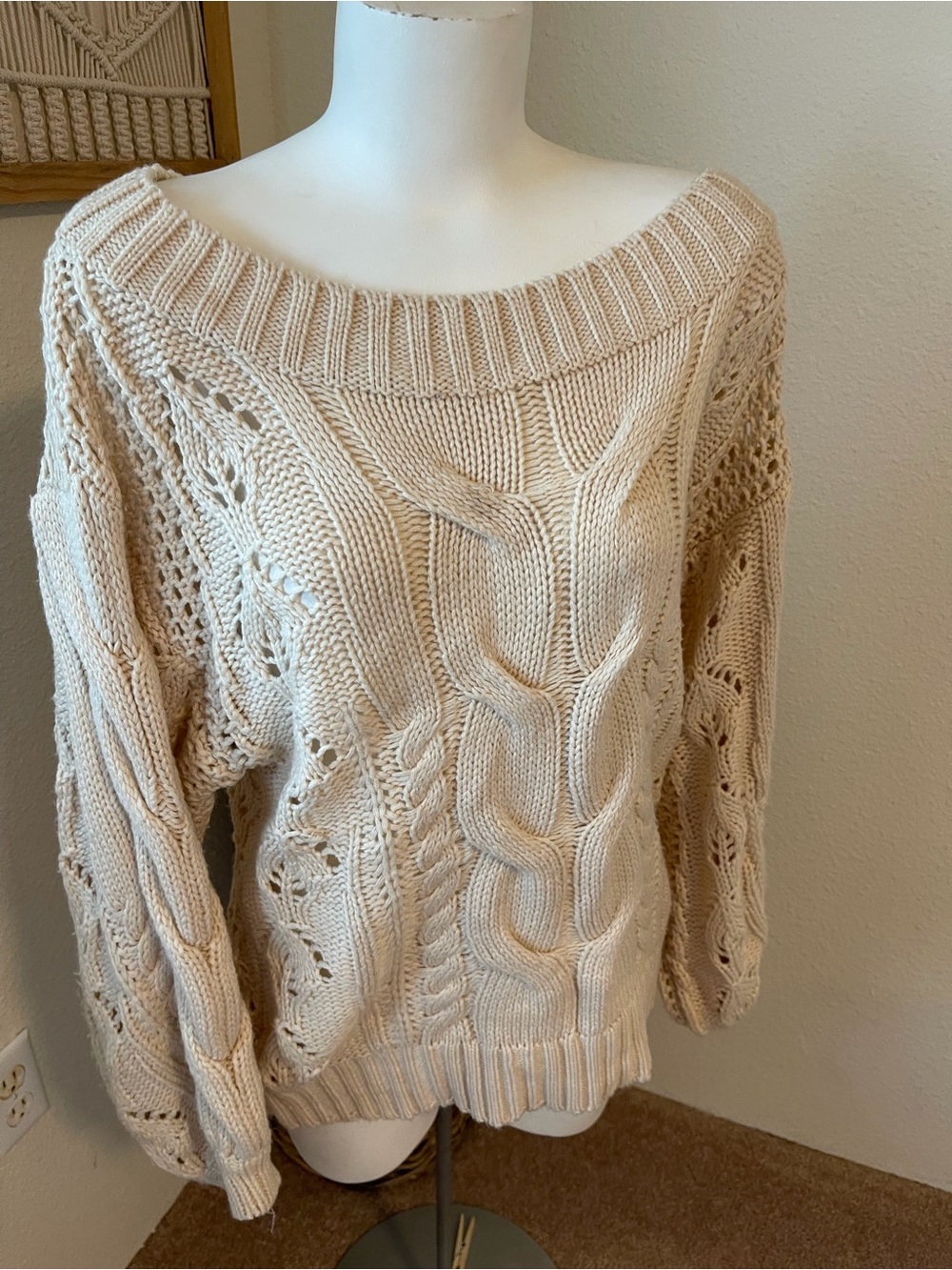 Kori America Cream Cable Knit Openwork Boat Neck Sweater size small